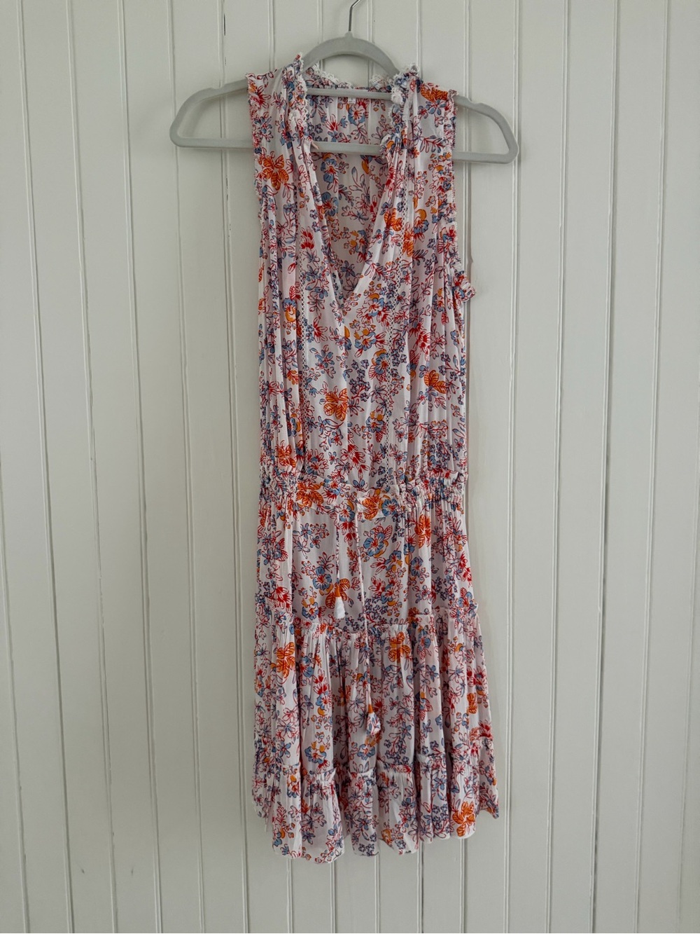 Poupette St. Barth White Sleeveless Mini Dress with Orange & Blue Floral